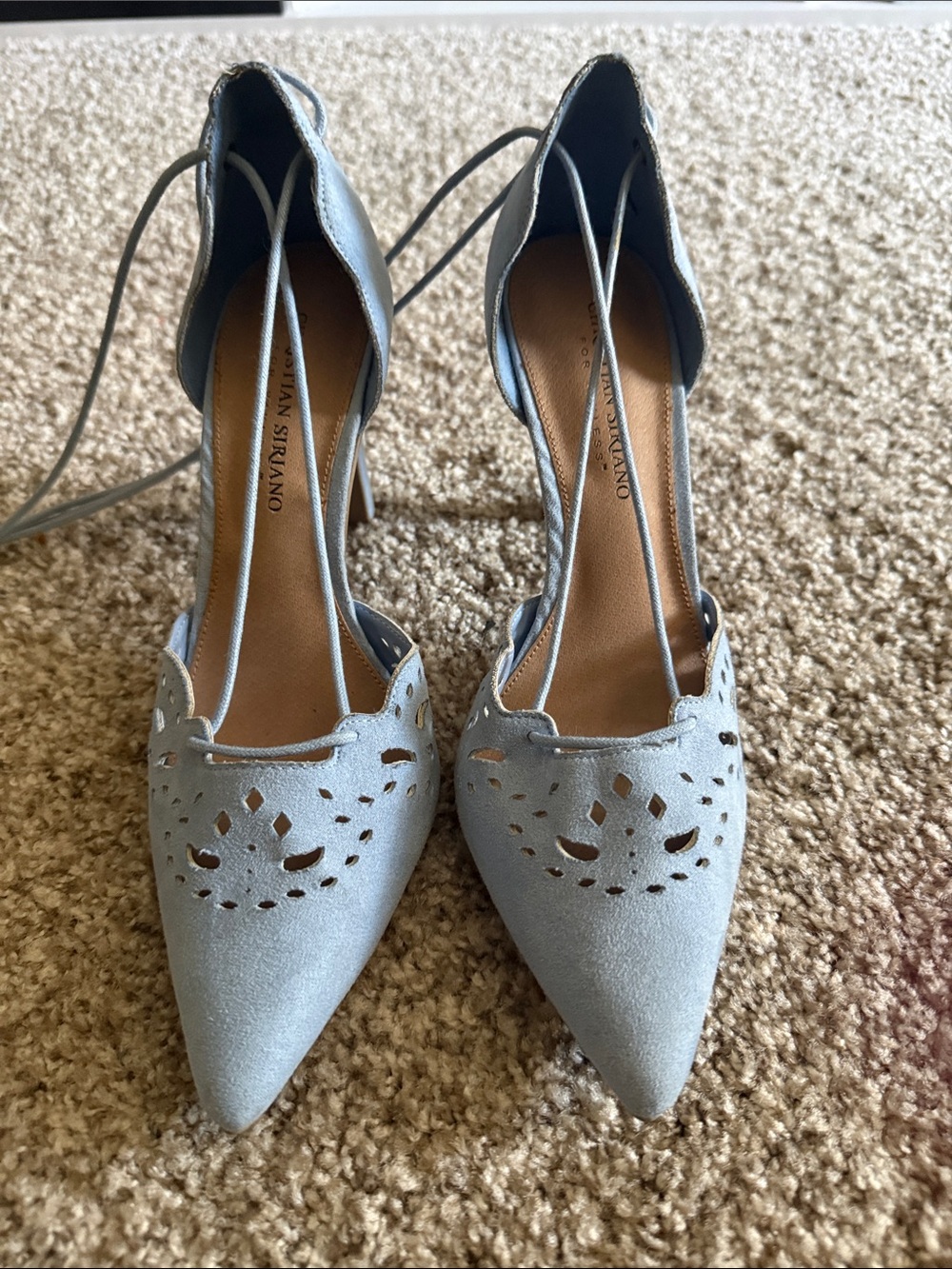 Christian Siriano Powder Blue Pointed-Toe Laser-Cut Lace-Up Heels